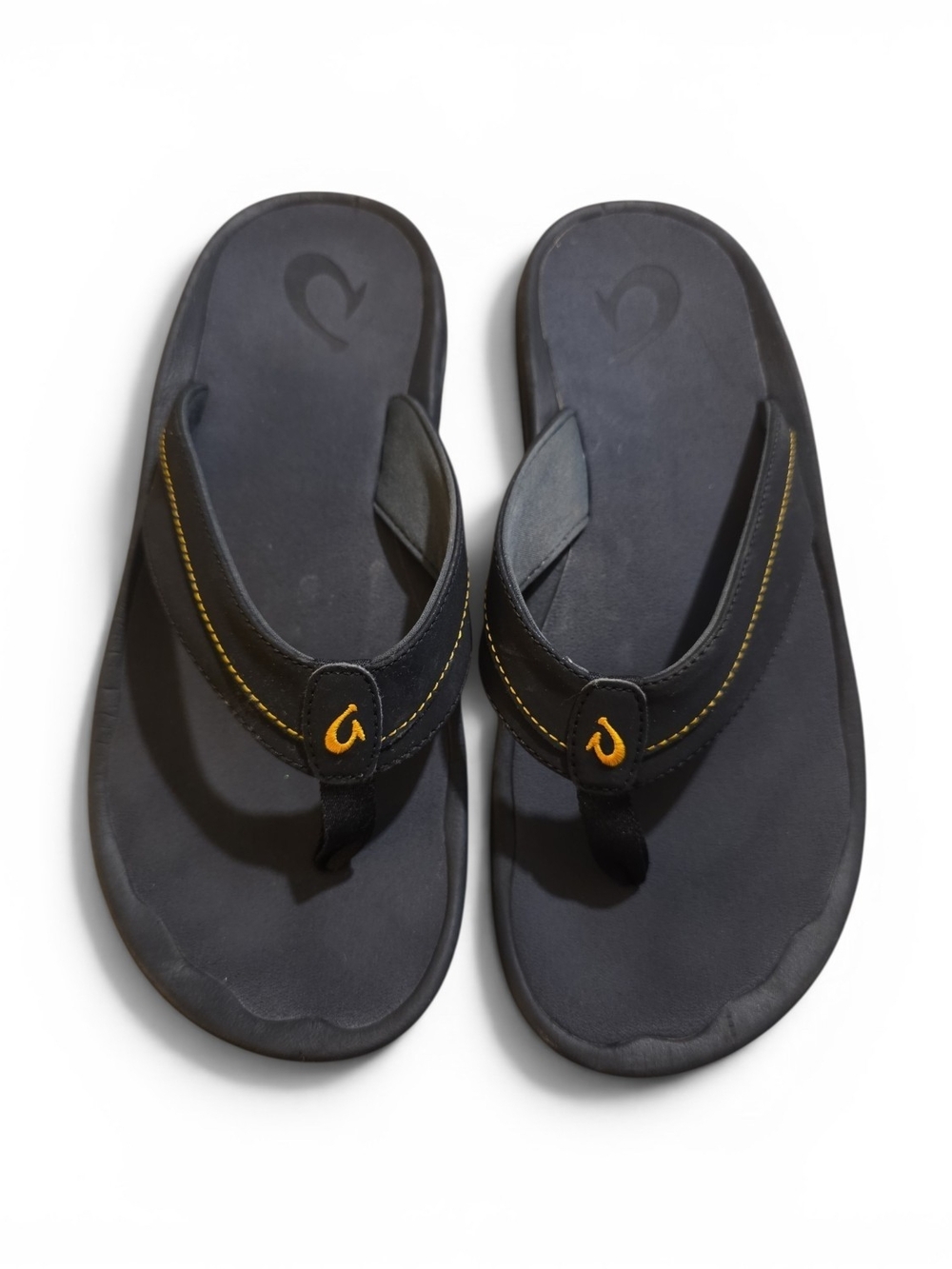 OluKai Men's Black Flip-Flops with Yellow Stitching